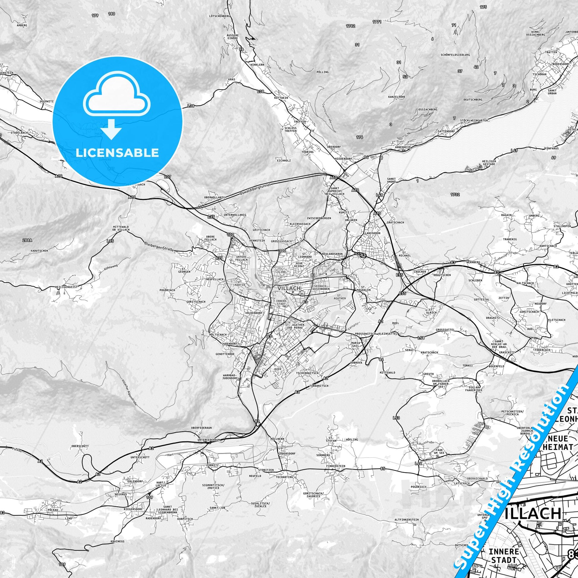 Villach, Austria light map with streetnames, citynames and districts