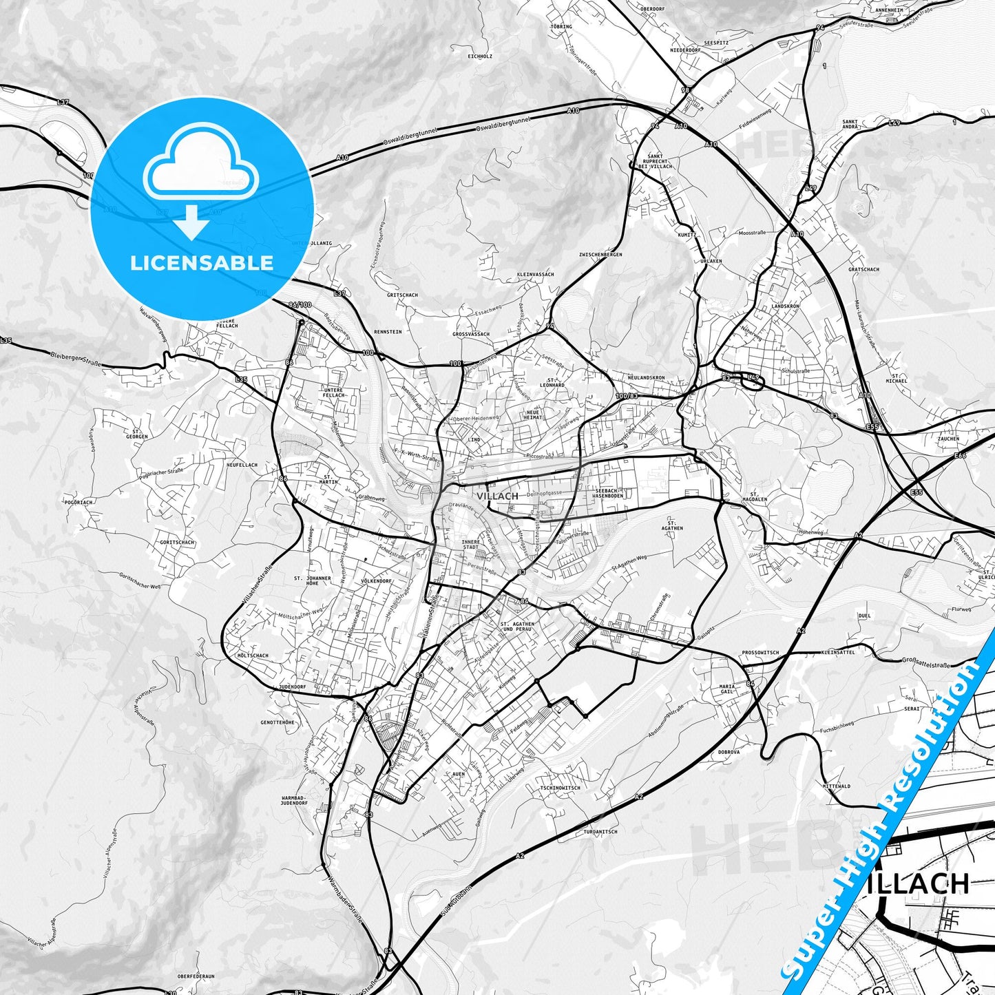 Villach, Austria Light Map with Street Names, City Names, and Districts