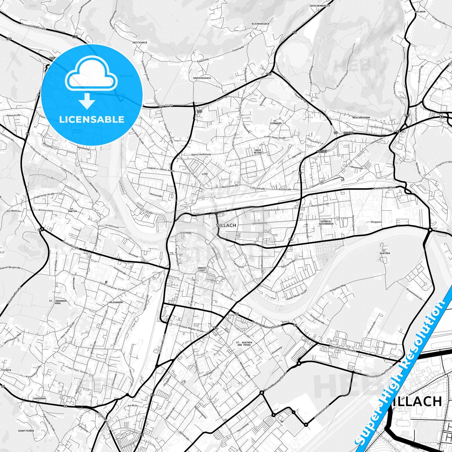 Villach, Austria Light Map with Street Names, City Names, and Districts