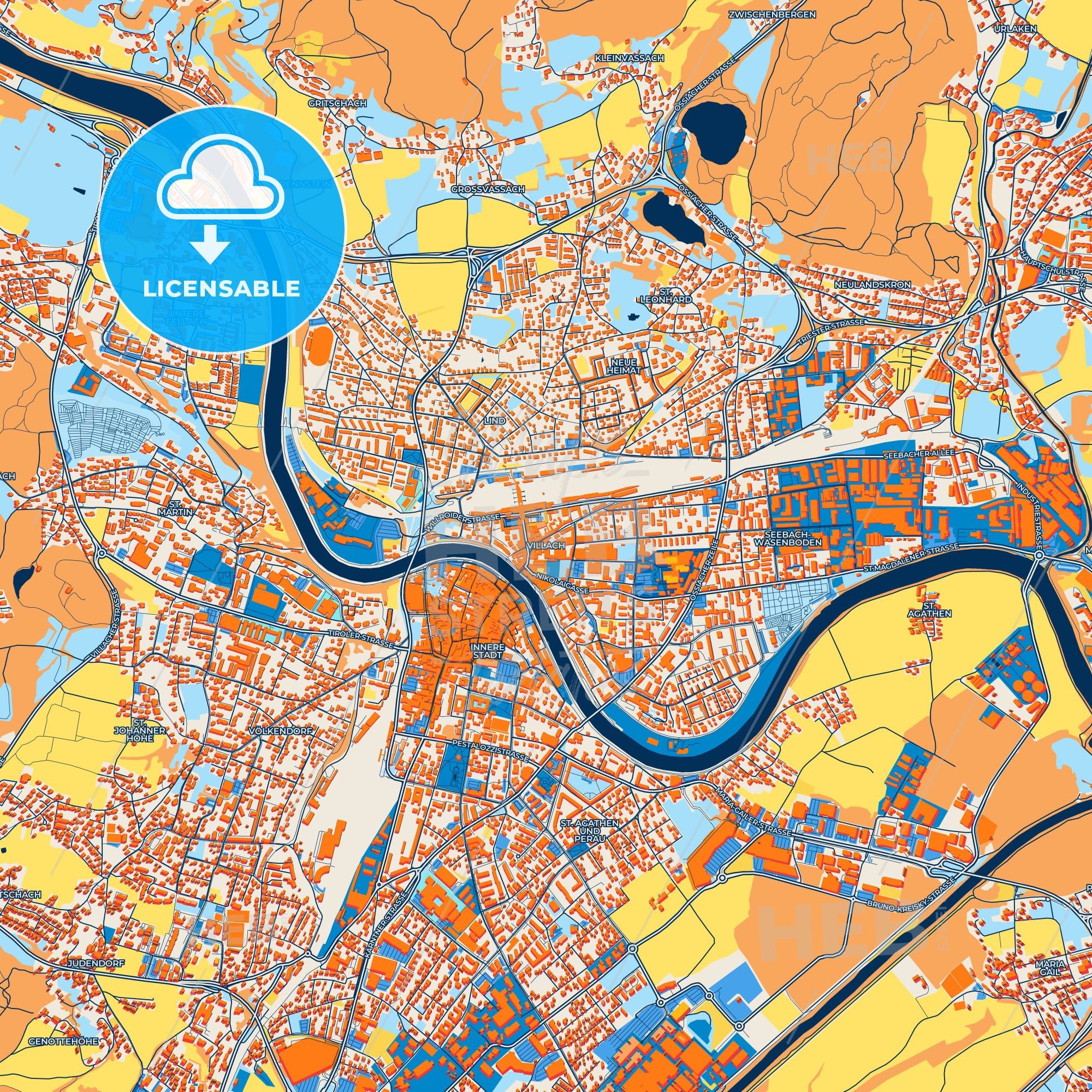 Colorful Villach Street Map With Labels And Buildings – HEBSTREITS