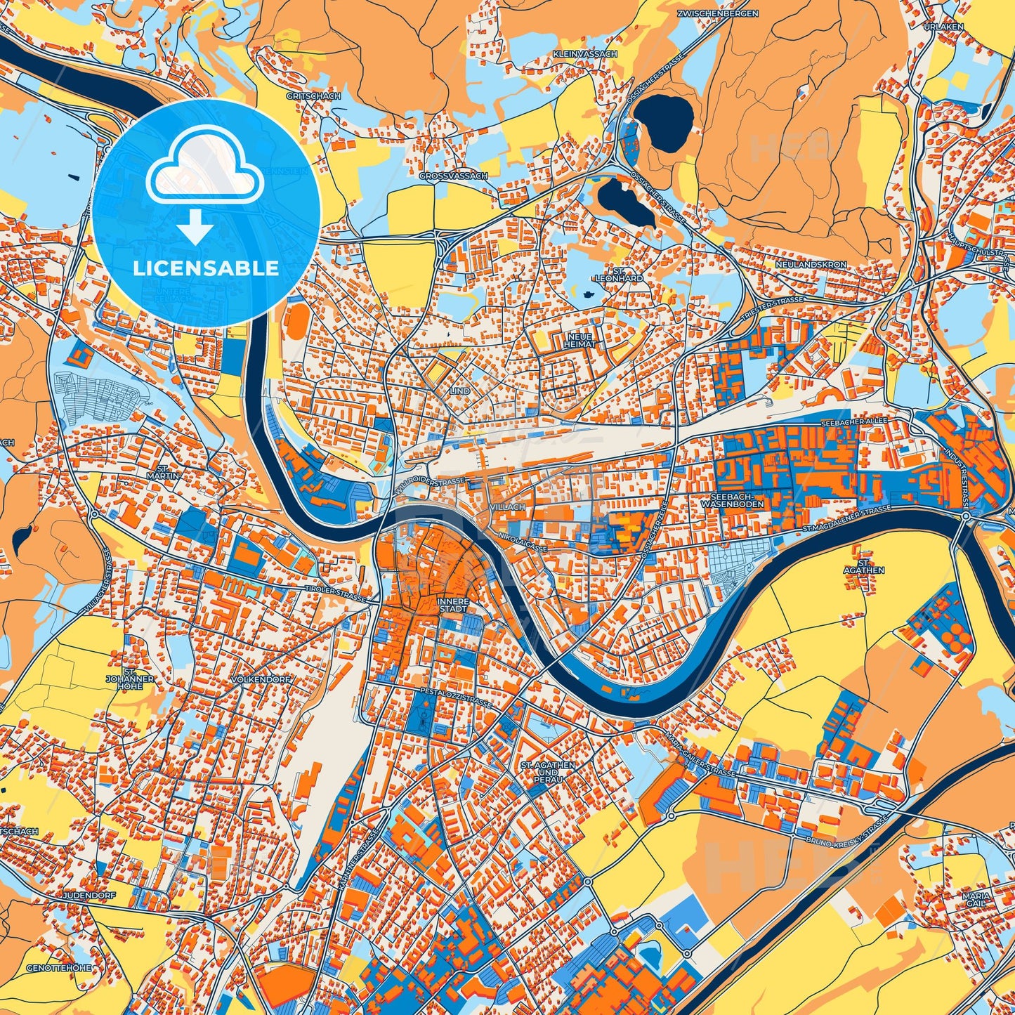 Colorful Villach Street Map with Labels and Buildings