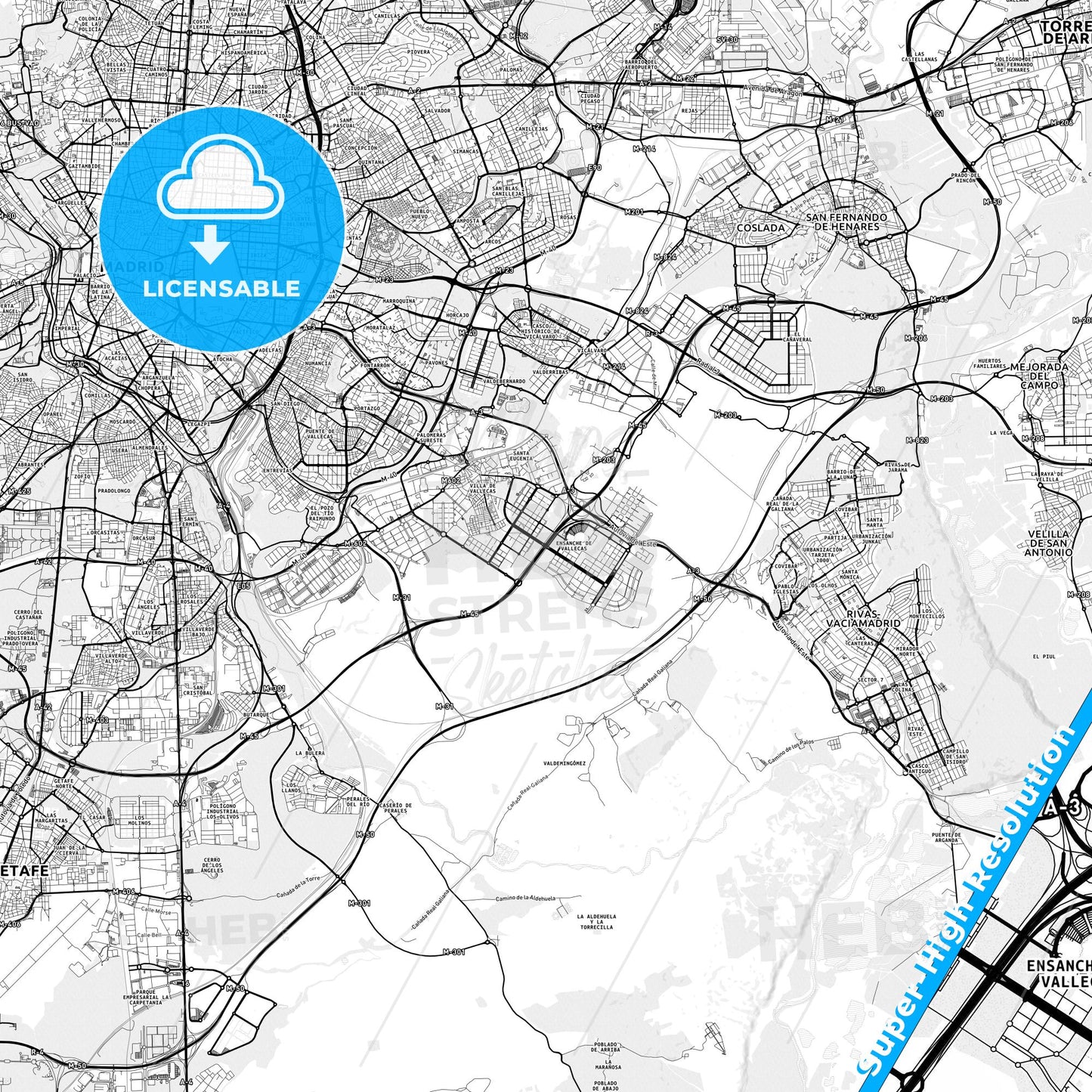 Villa de Vallecas, Spain light map with streetnames, citynames and districts