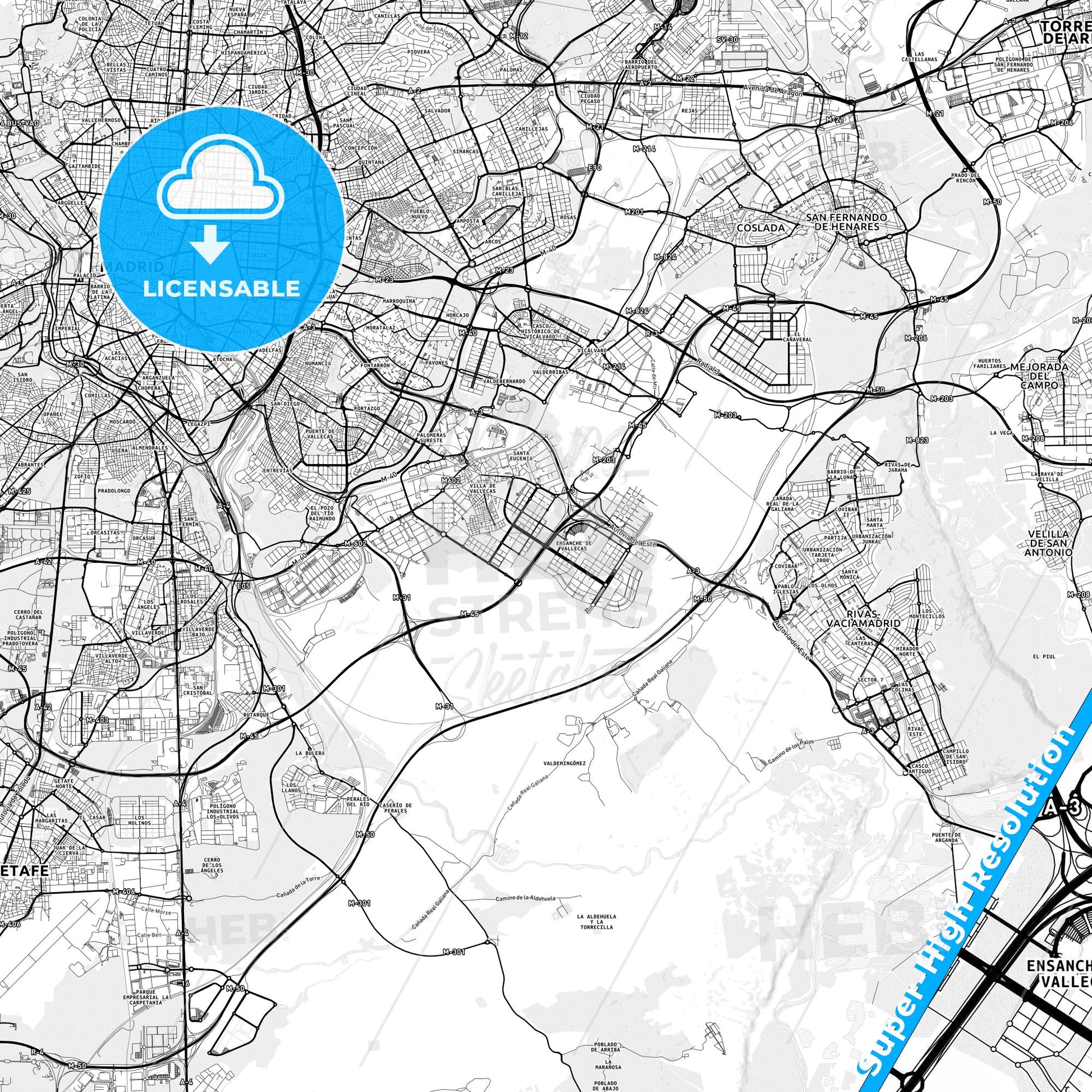 Villa de Vallecas, Spain light map with streetnames, citynames and districts