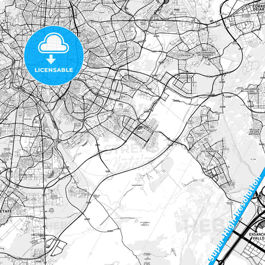 Villa de Vallecas, Spain light map with streetnames, citynames and districts