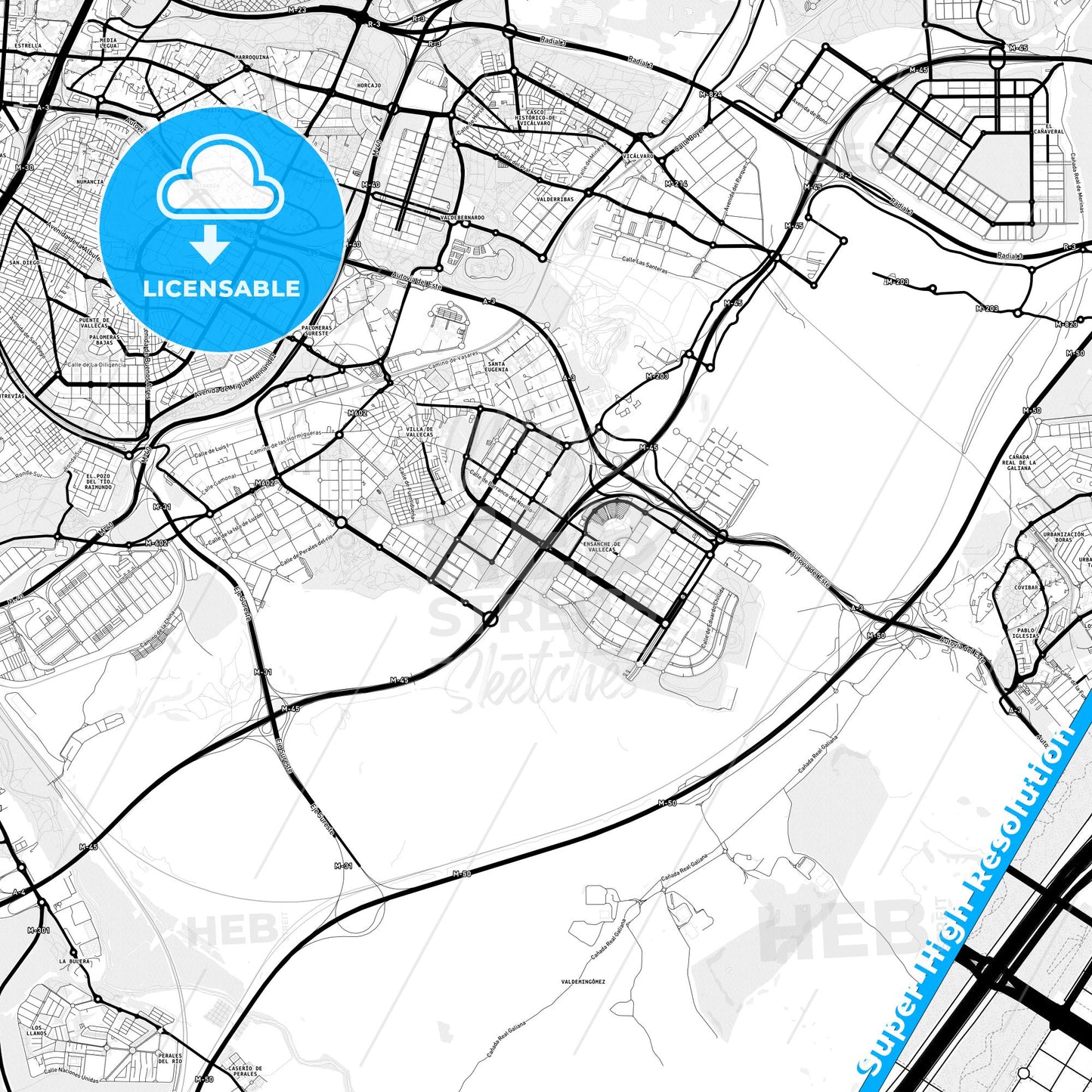 Villa de Vallecas, Spain Light Map with Street Names, City Names, and Districts
