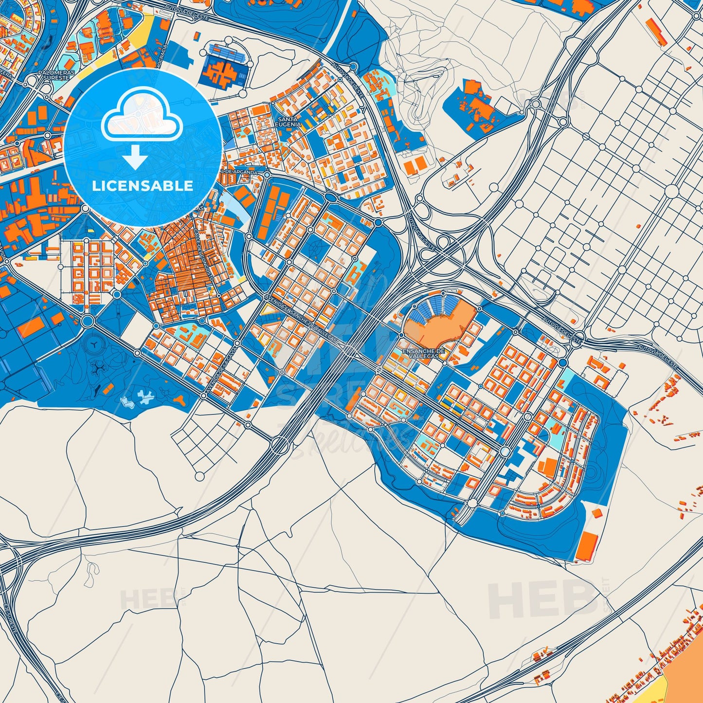 Colorful Villa de Vallecas Street Map with Labels and Buildings