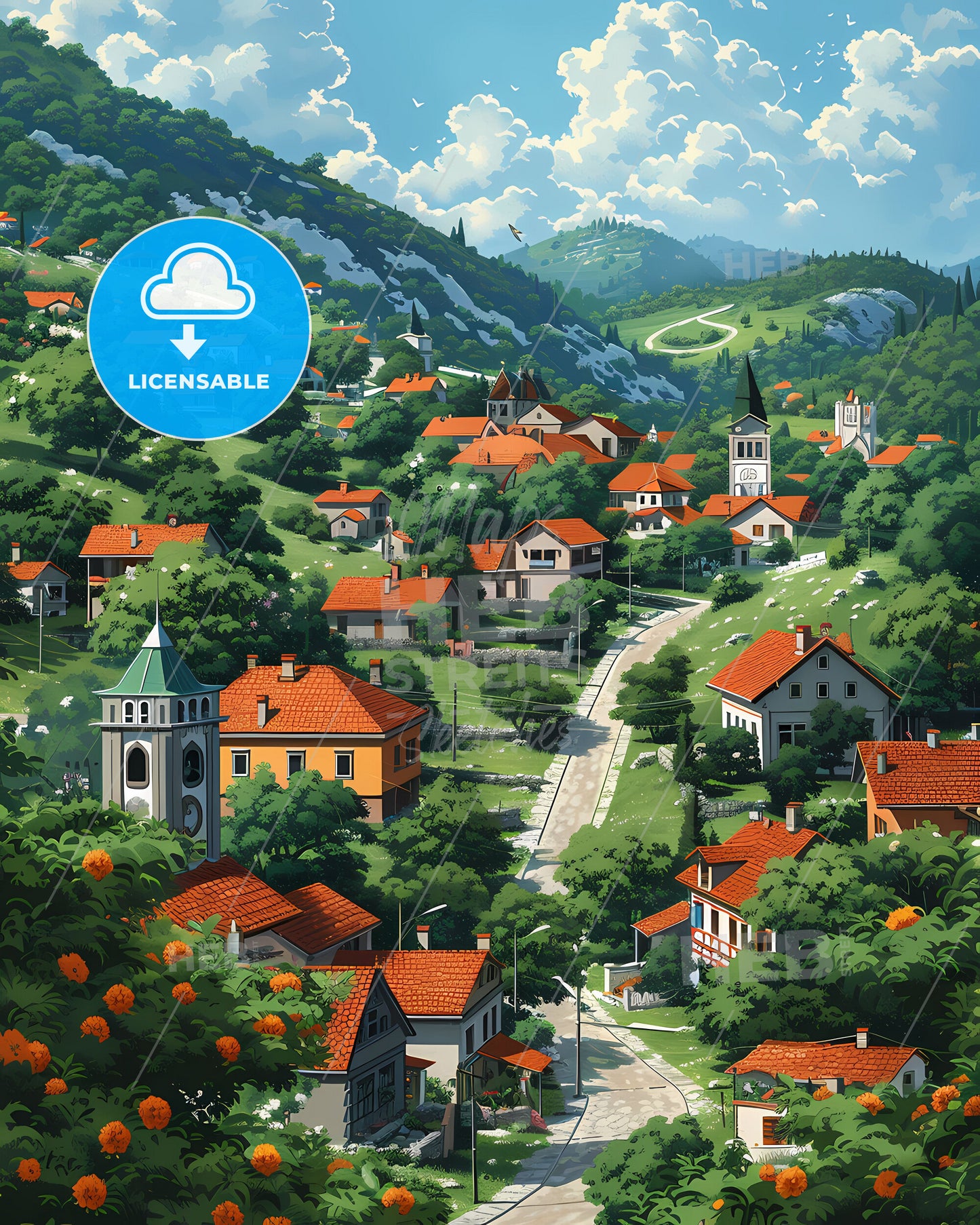 Serbian Village Landscape: Painted Art Depiction of Town with Trees and Buildings