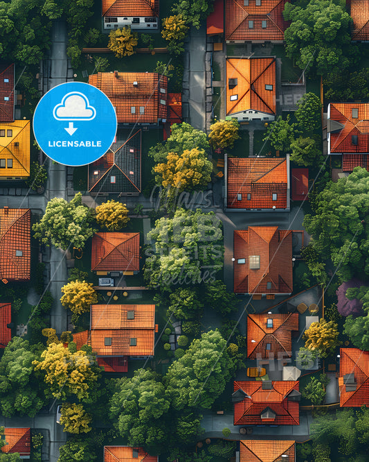 Vibrant Isometric Village Landscape: Aerial Art of Serene Neighborhood with Houses and Trees