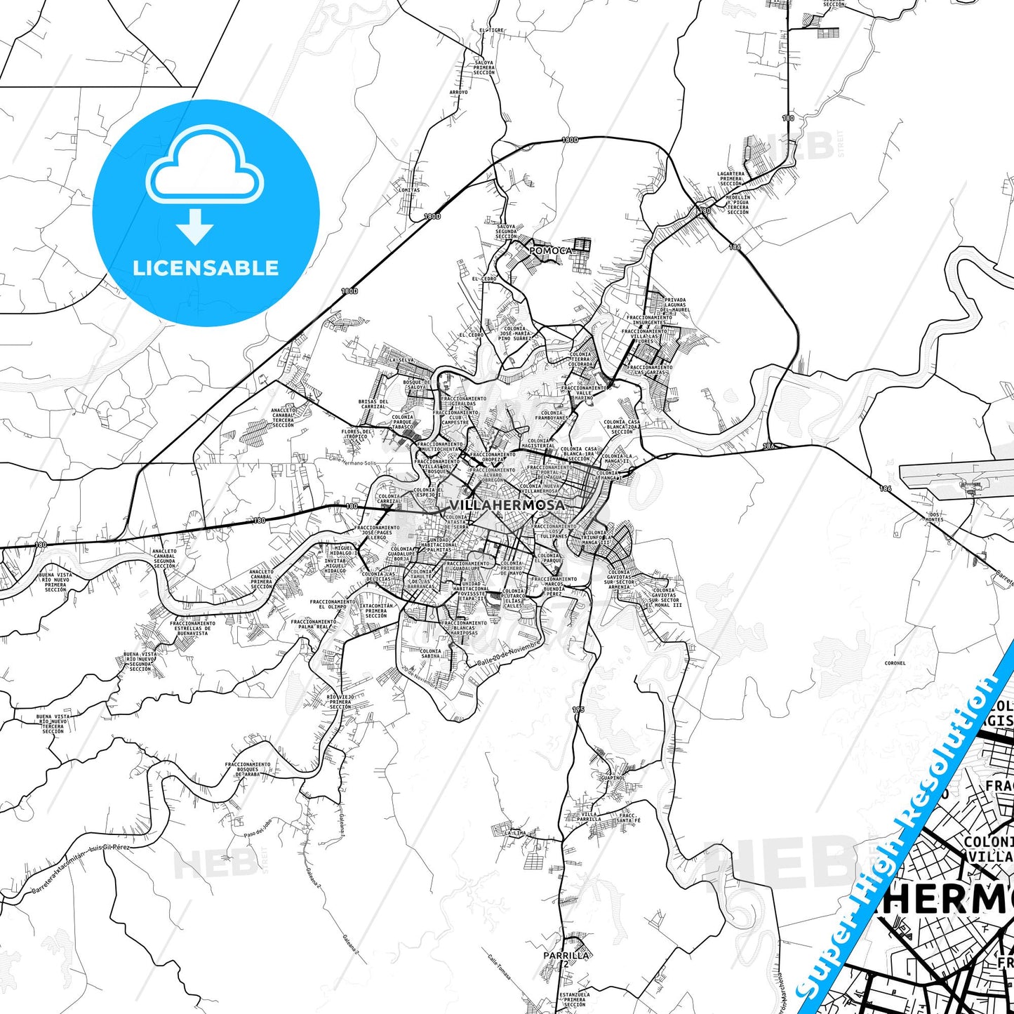 Villahermosa, Mexico light map with streetnames, citynames and districts