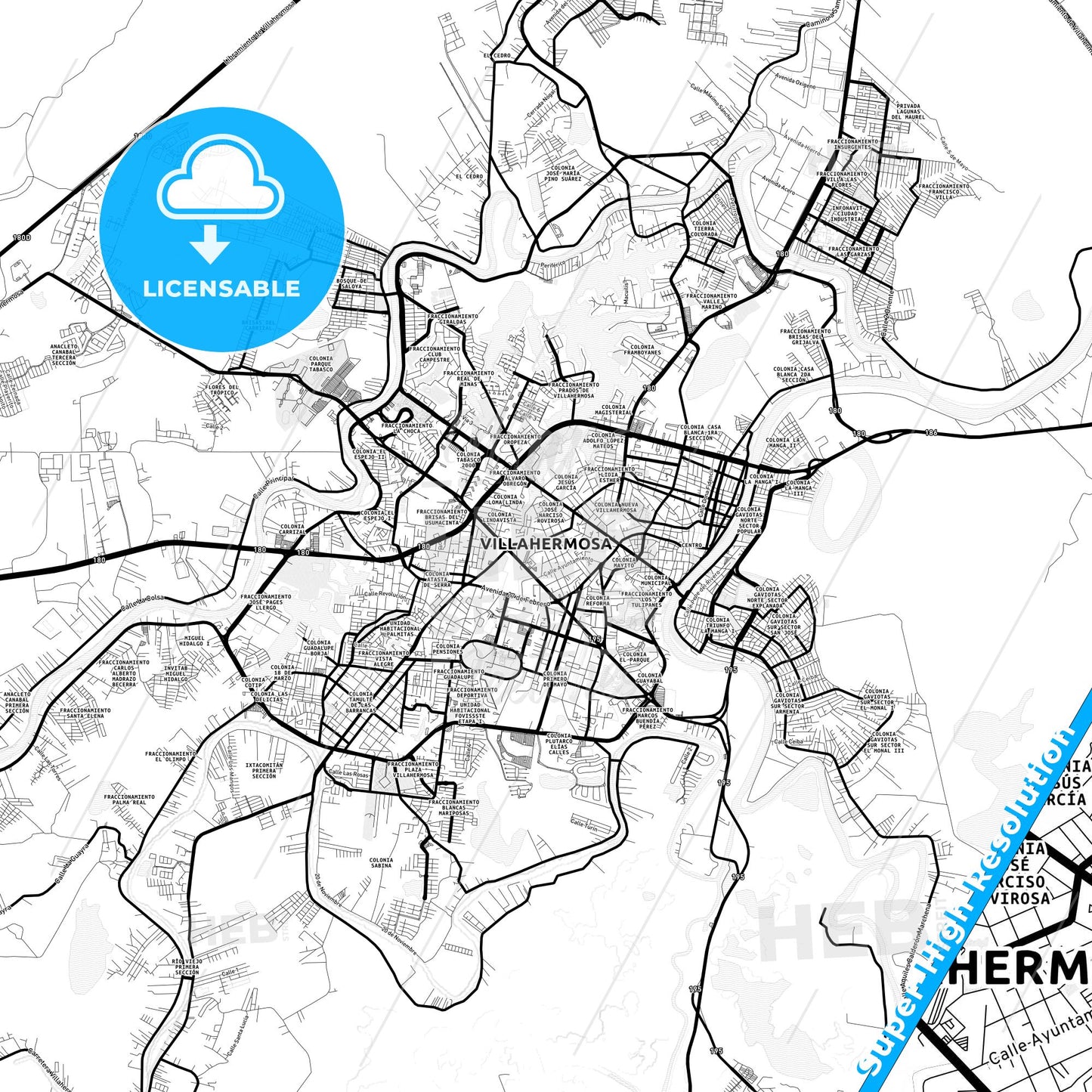 Villahermosa, Mexico Light Map with Street Names, City Names, and Districts