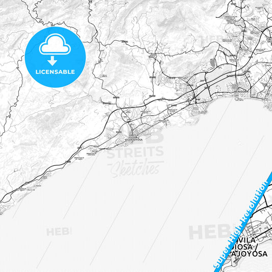 Villajoyosa, Spain light map with streetnames, citynames and districts