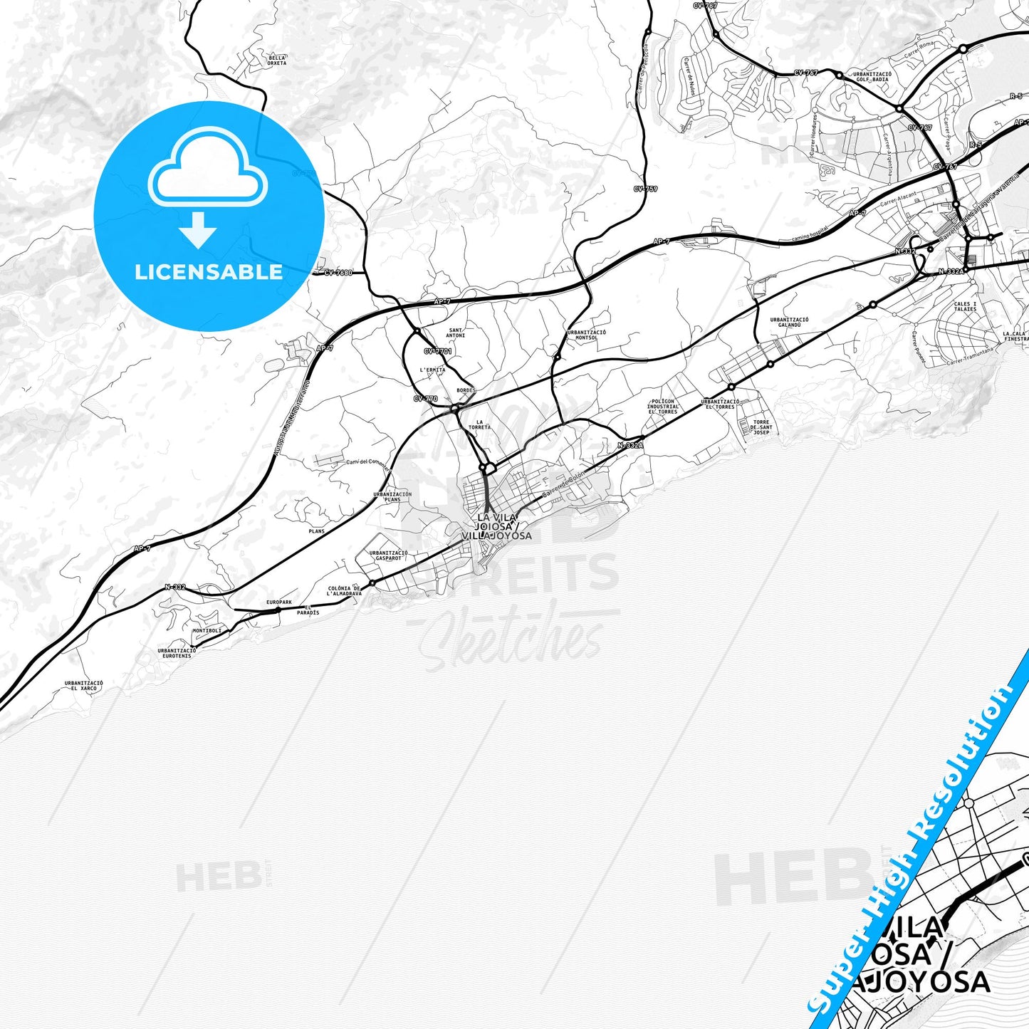 Villajoyosa, Spain Light Map with Street Names, City Names, and Districts