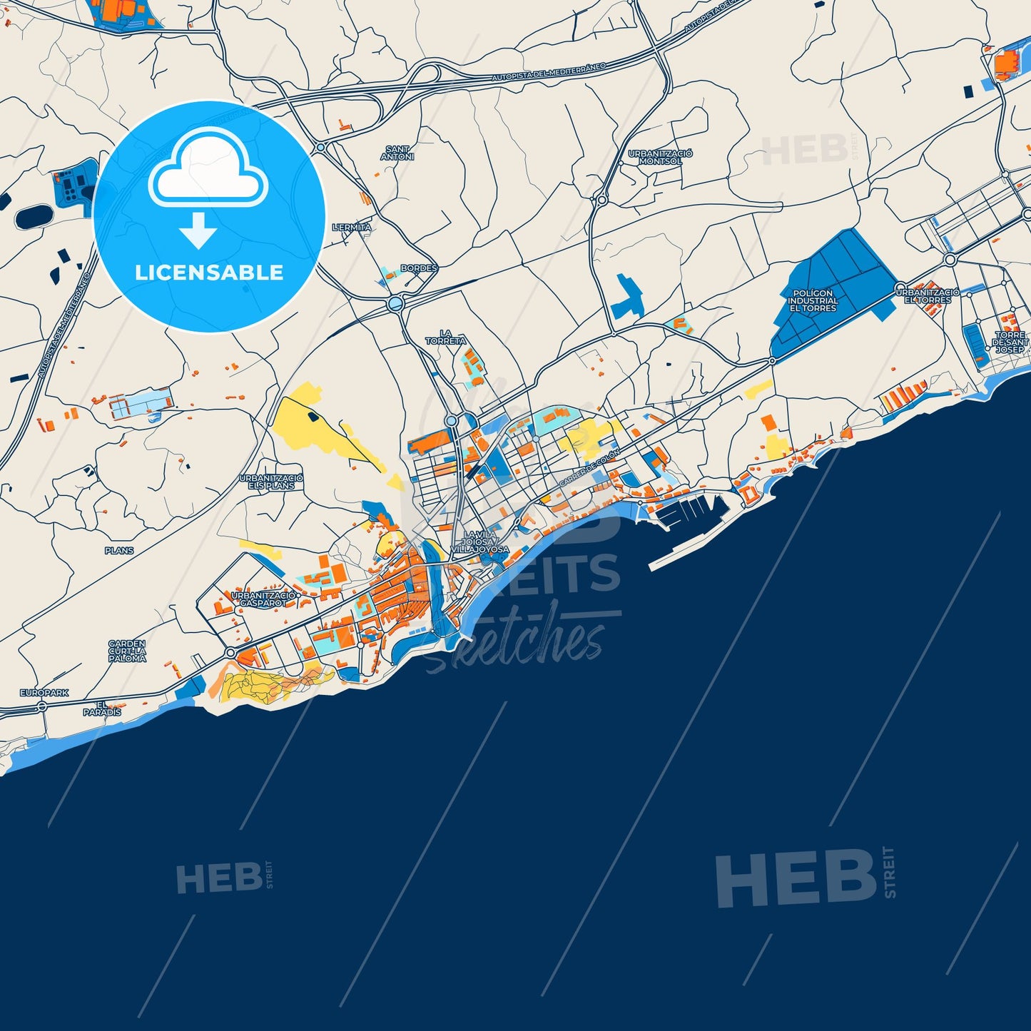 Colorful Villajoyosa Street Map with Labels and Buildings