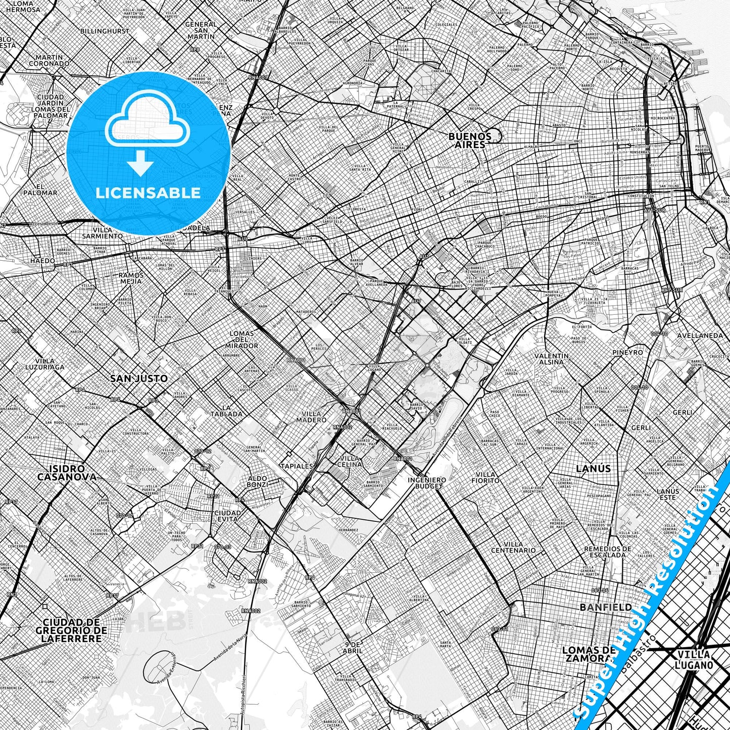 Villa Lugano, Argentina light map with streetnames, citynames and districts