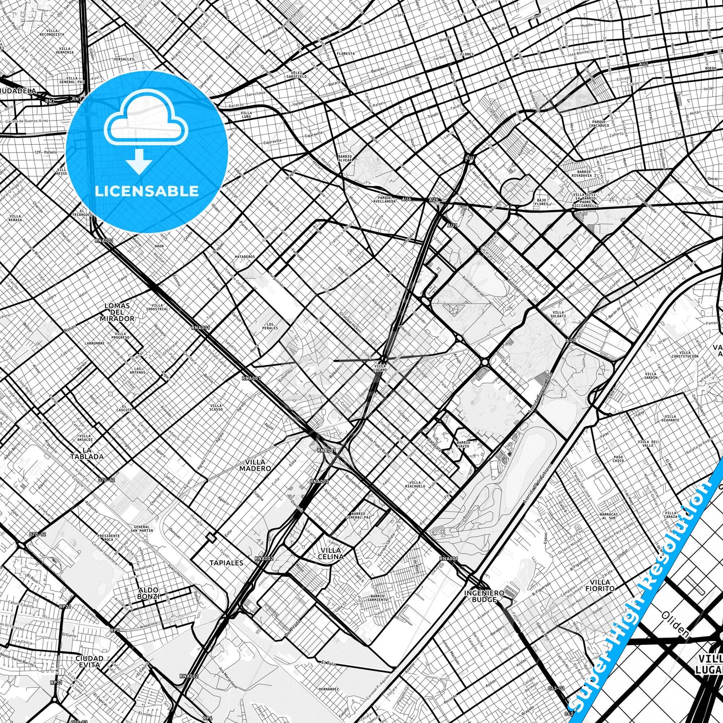 Villa Lugano, Argentina Light Map with Street Names, City Names, and Districts