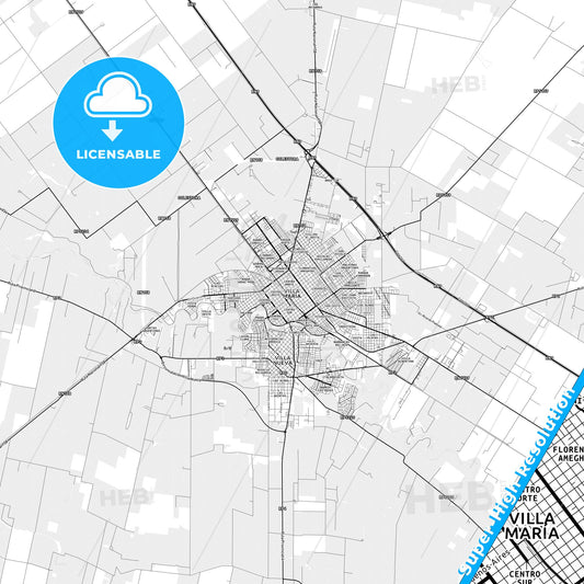 Villa Maria, Argentina light map with streetnames, citynames and districts