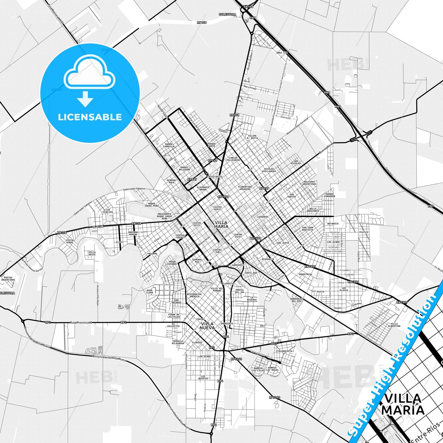 Villa Maria, Argentina Light Map with Street Names, City Names, and Districts
