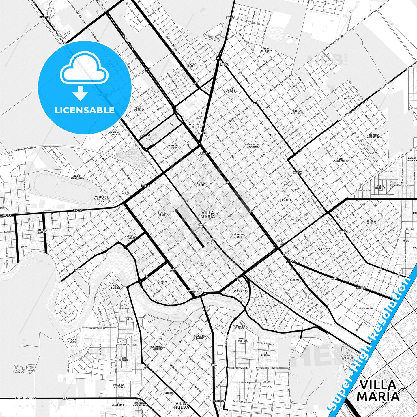 Villa Maria, Argentina Light Map with Street Names, City Names, and Districts