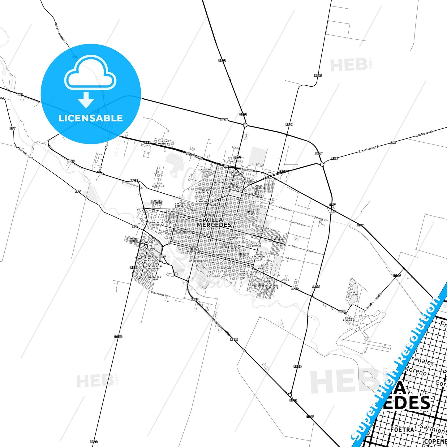 Villa Mercedes, Argentina light map with streetnames, citynames and districts