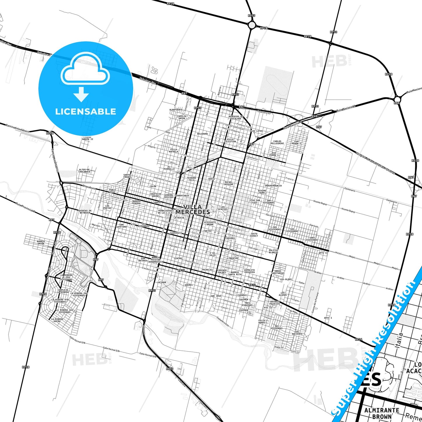 Villa Mercedes, Argentina Light Map with Street Names, City Names, and Districts