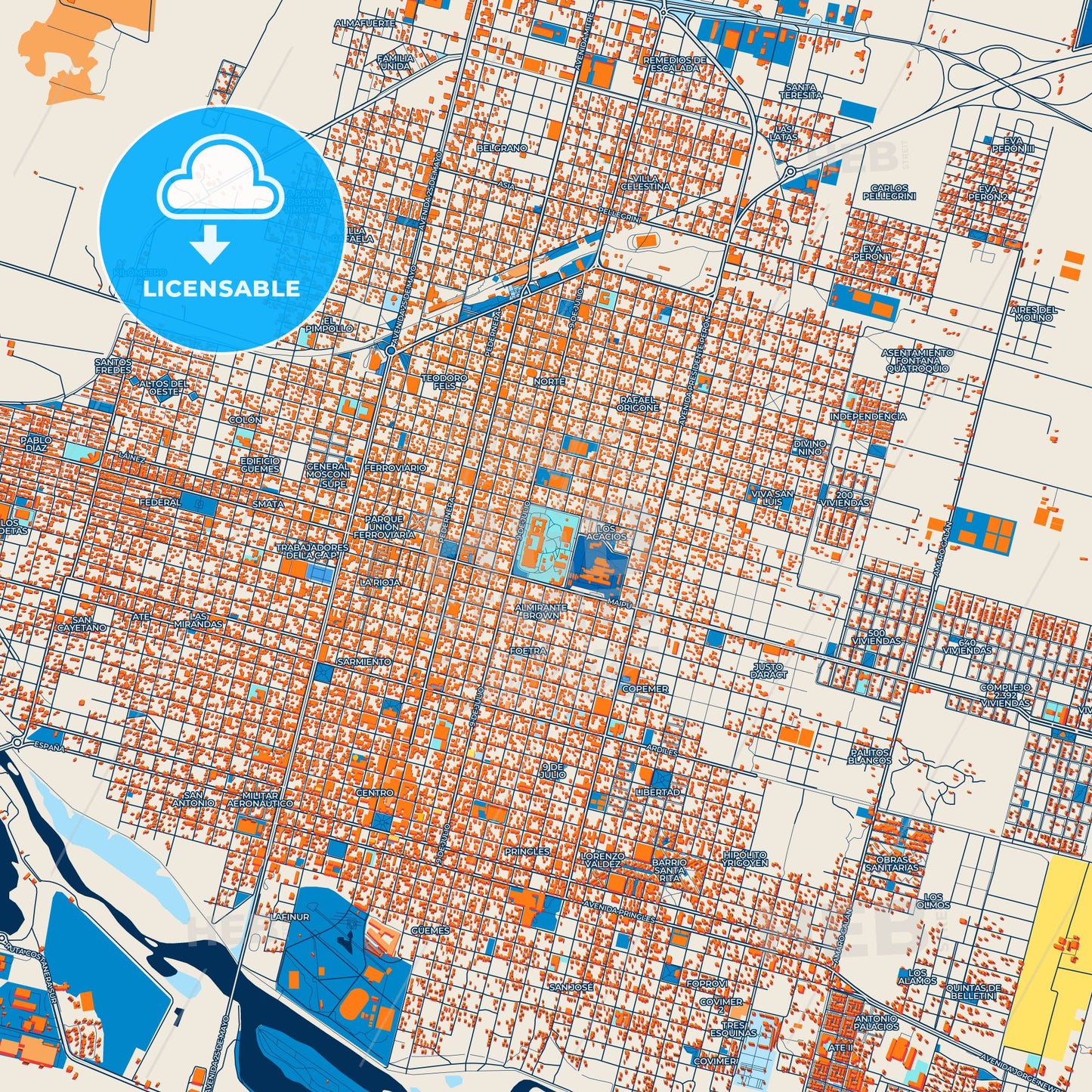 Colorful Villa Mercedes Street Map with Labels and Buildings