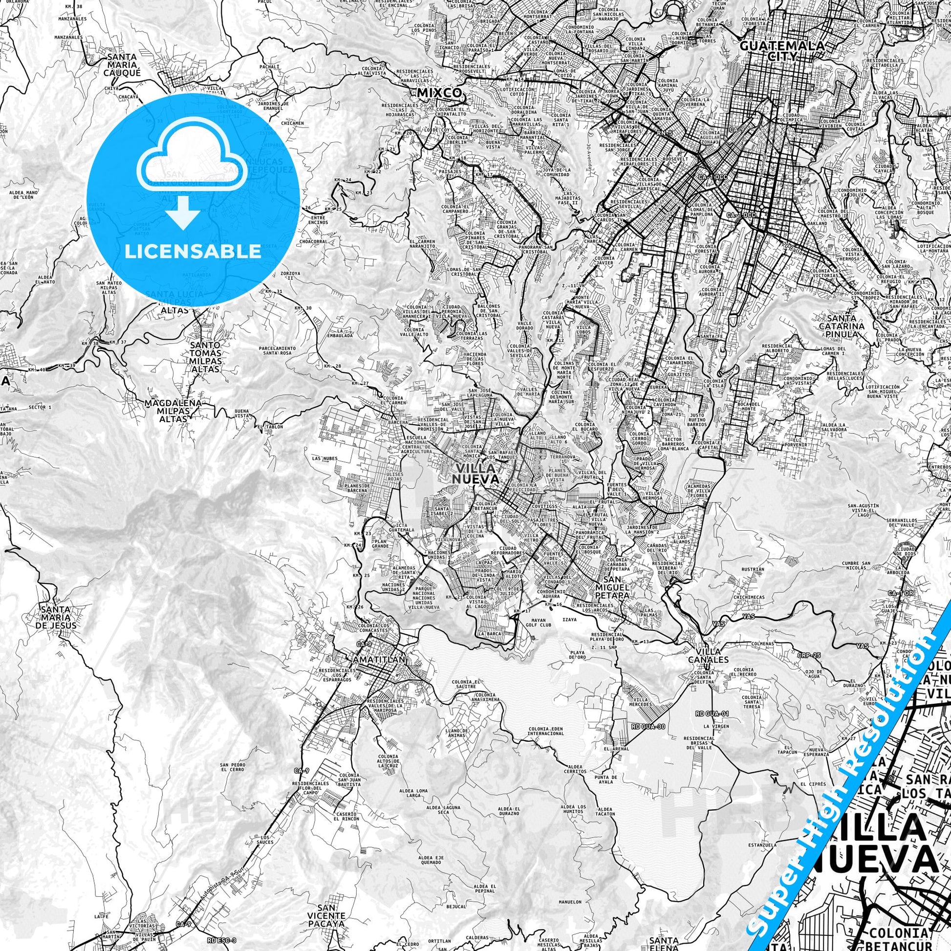 Villa Nueva, Guatemala light map with streetnames, citynames and districts