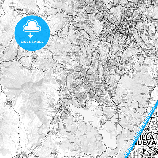 Villa Nueva, Guatemala light map with streetnames, citynames and districts