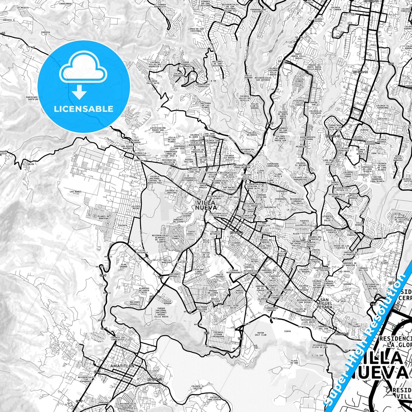Villa Nueva, Guatemala Light Map with Street Names, City Names, and Districts