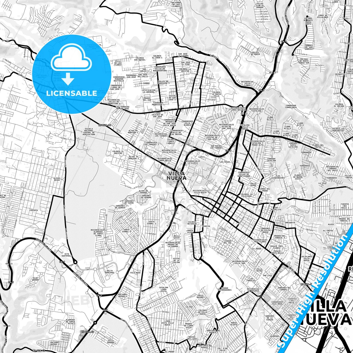 Villa Nueva, Guatemala Light Map with Street Names, City Names, and Districts