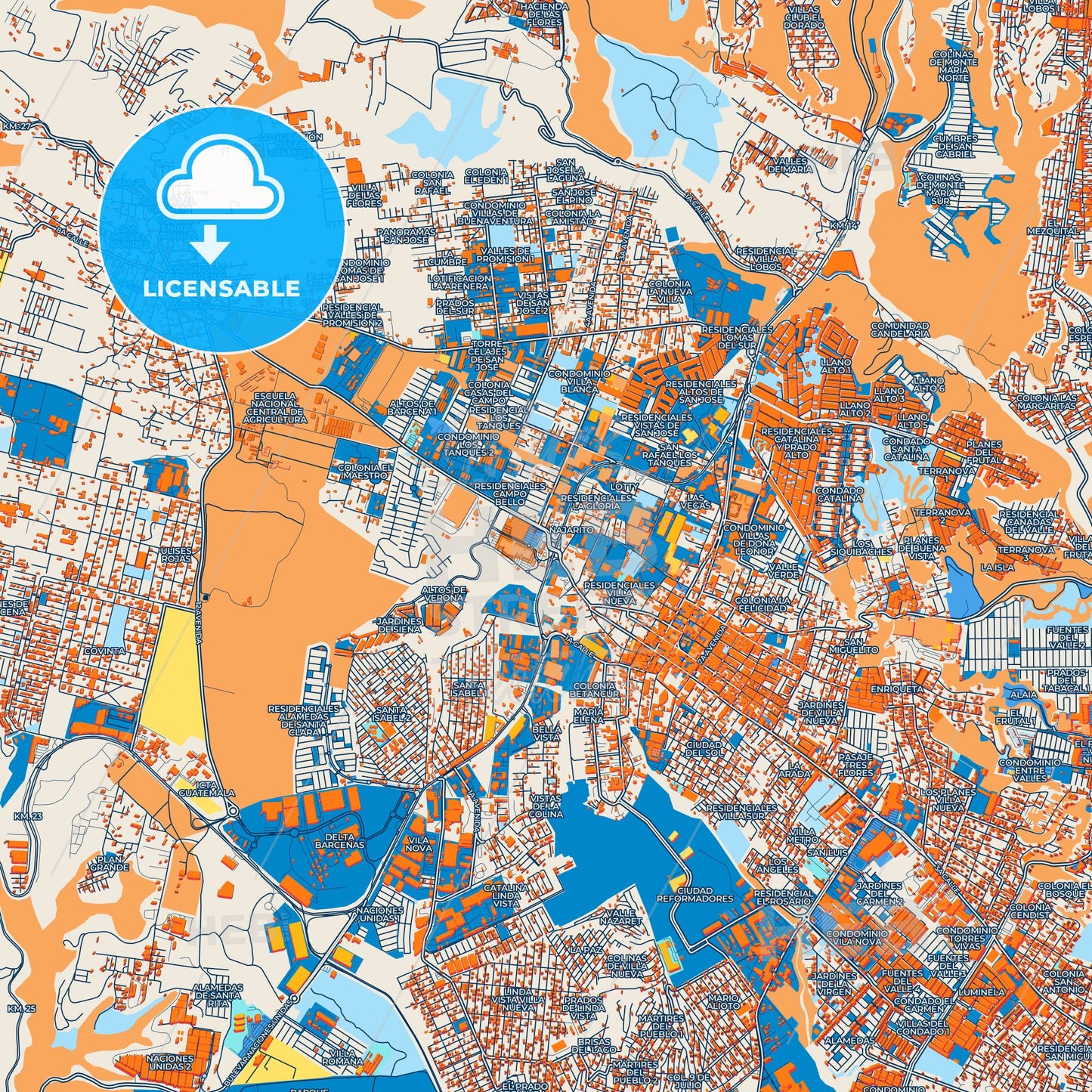 Colorful Villa Nueva Street Map with Labels and Buildings