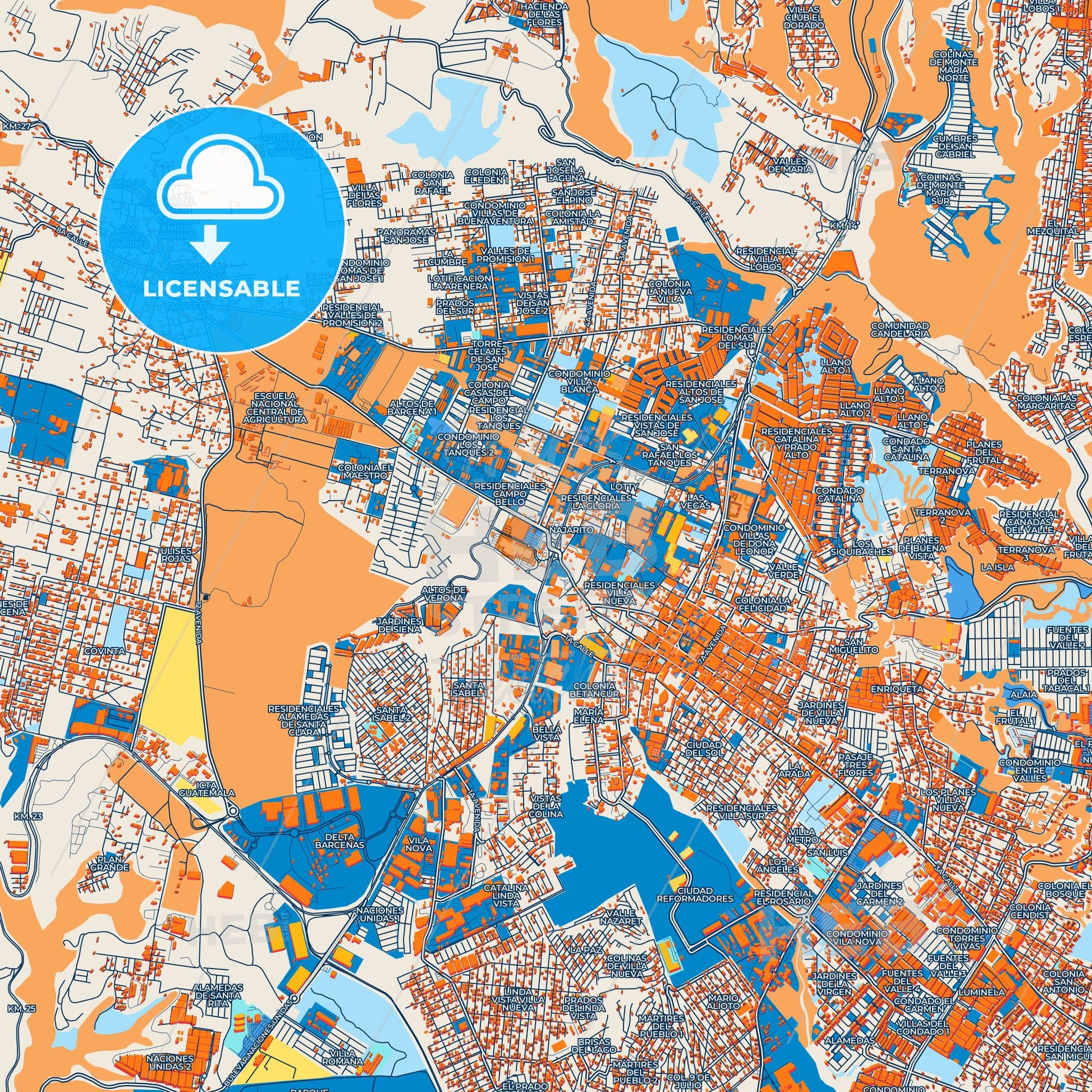 Colorful Villa Nueva Street Map with Labels and Buildings