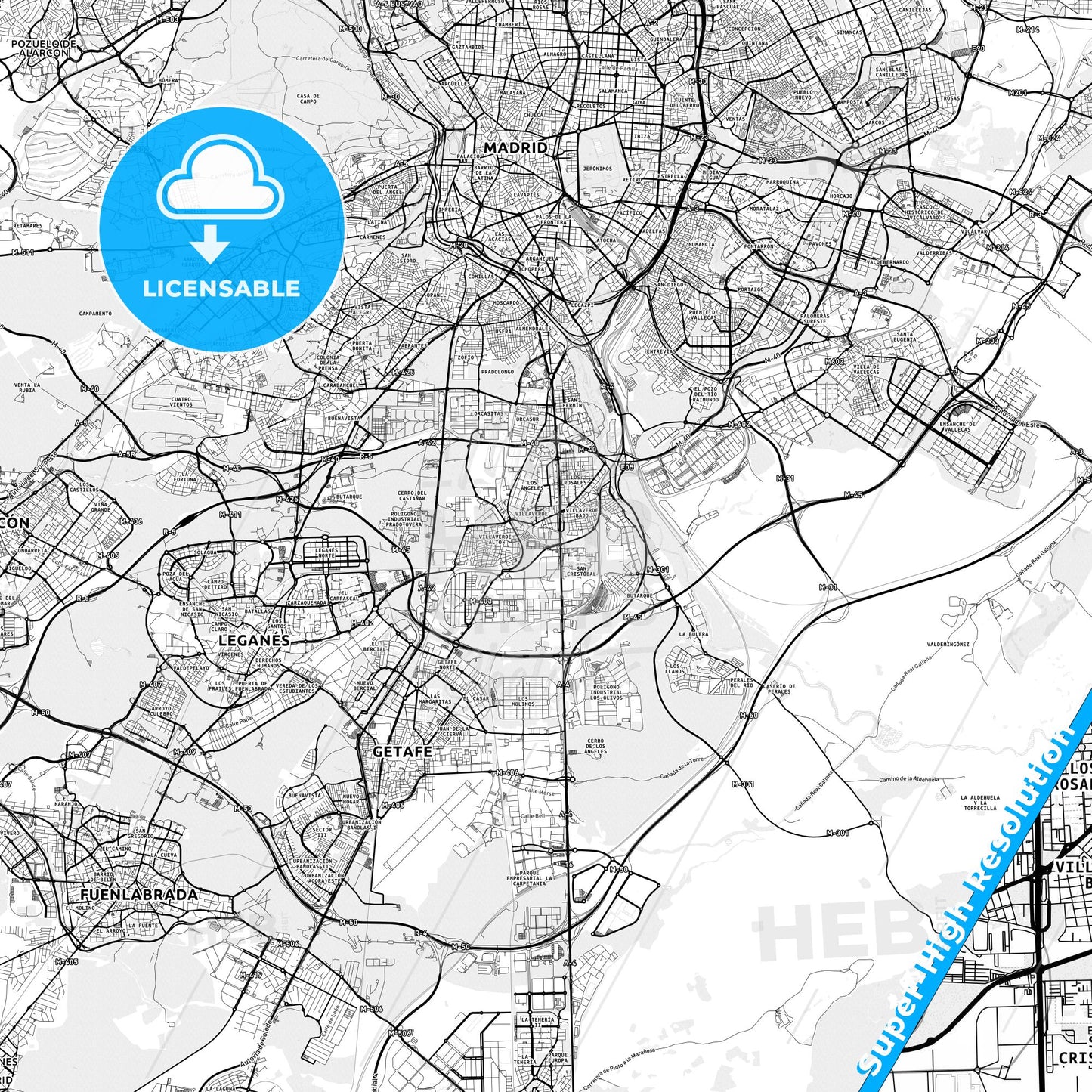 Villaverde, Spain light map with streetnames, citynames and districts