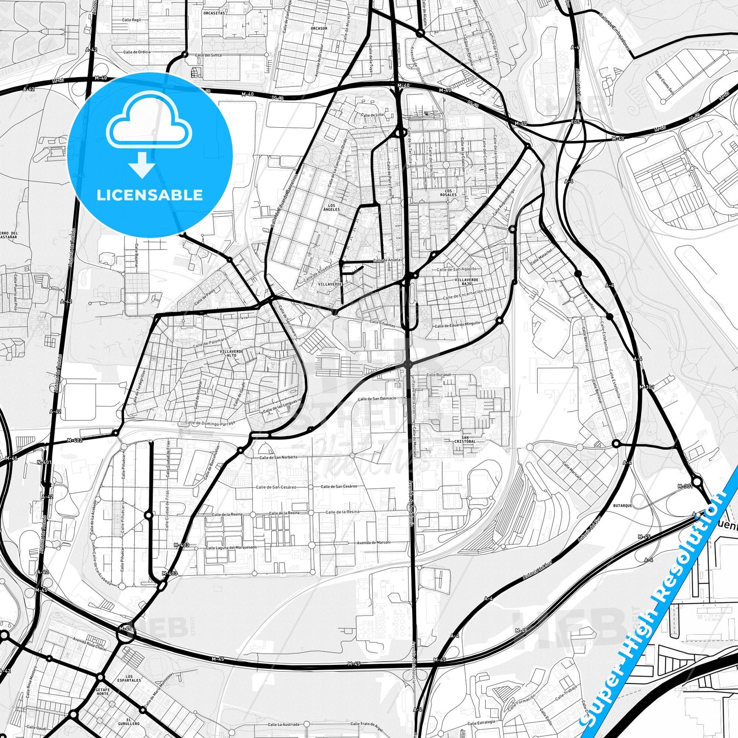 Villaverde, Spain Light Map with Street Names, City Names, and Districts
