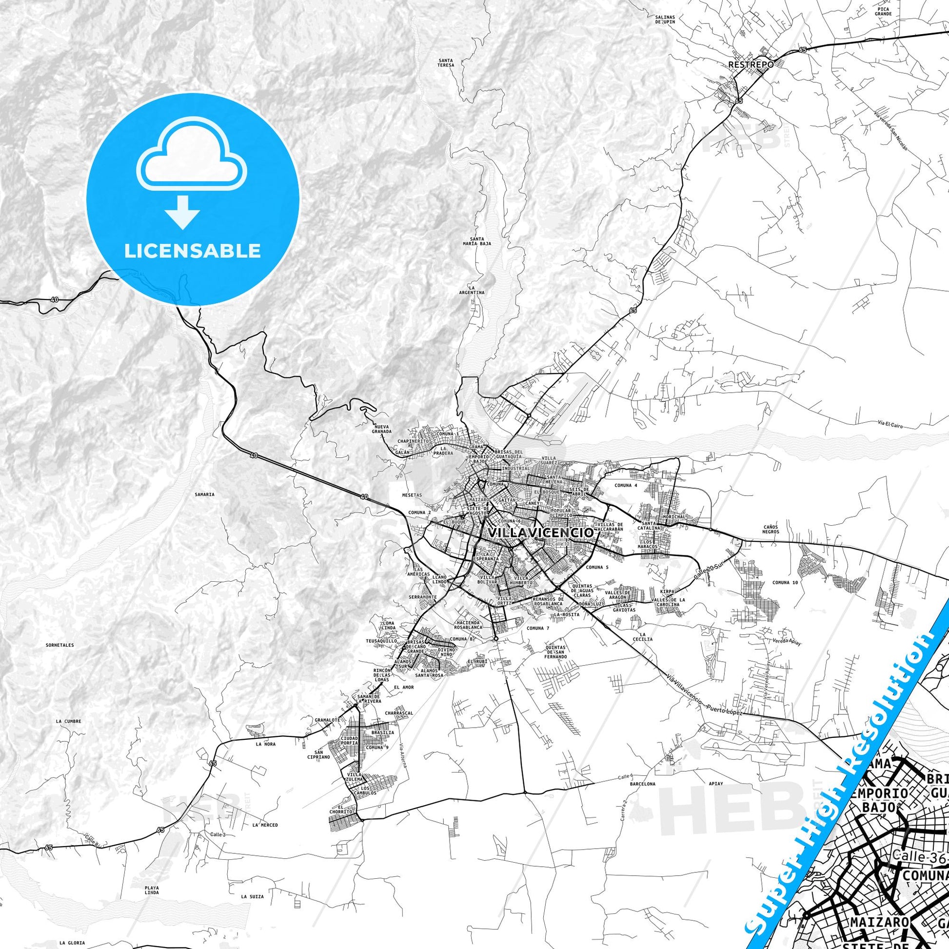 Villavicencio, Colombia light map with streetnames, citynames and districts
