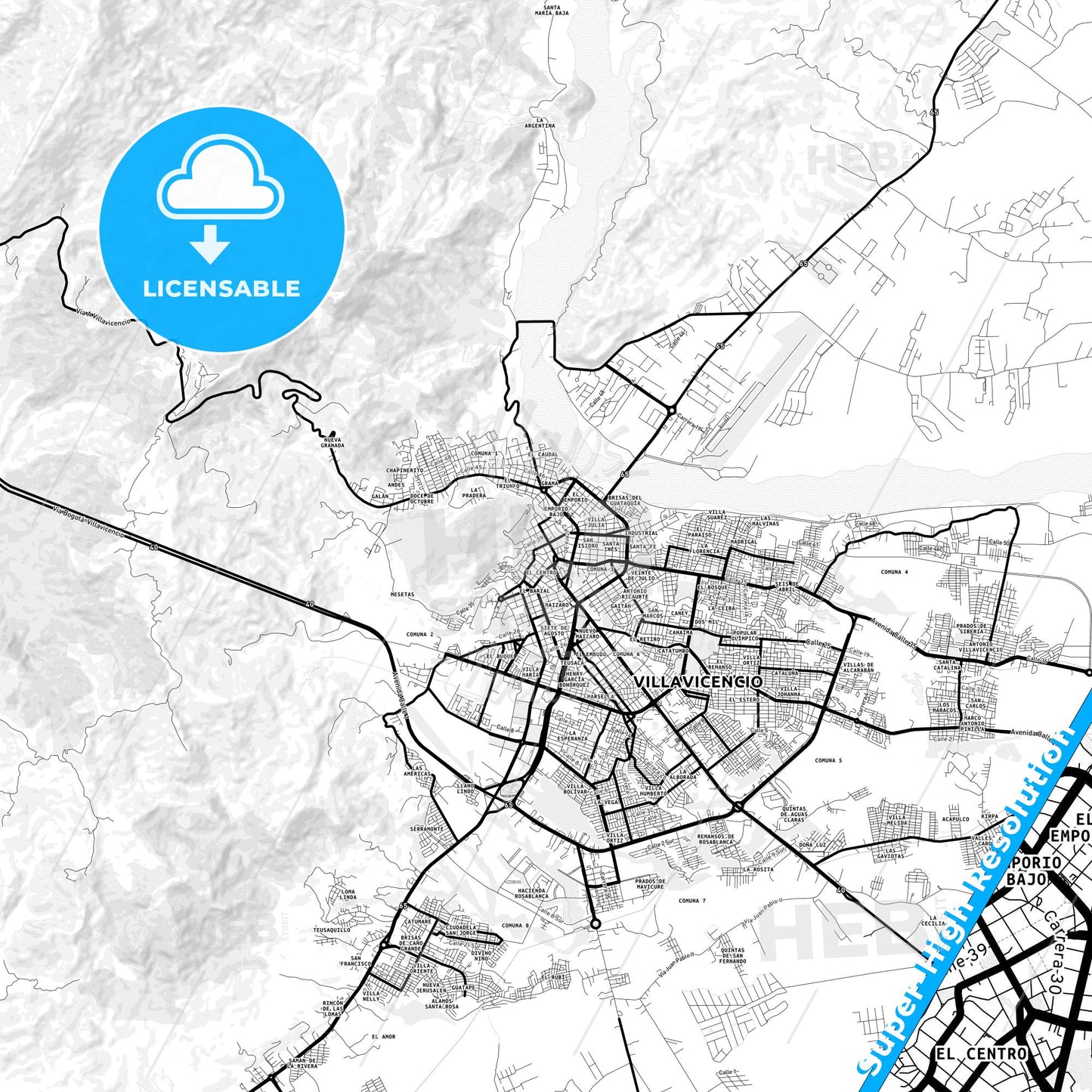 Villavicencio, Colombia Light Map with Street Names, City Names, and Districts