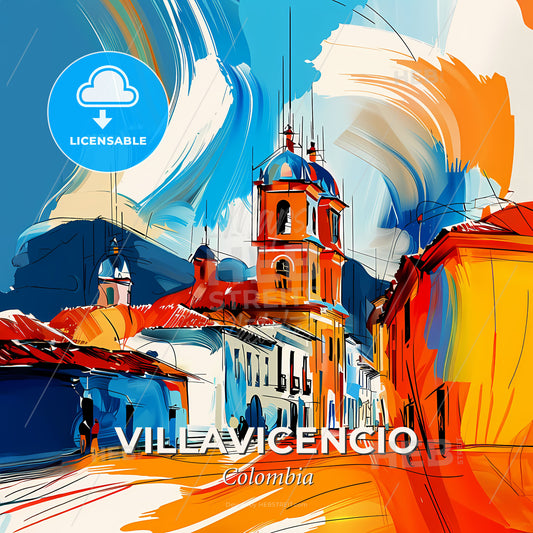 Vibrant Villavicencio, Colombia - A Painting Of A Street With Buildings And A Bell Tower - Square format print template