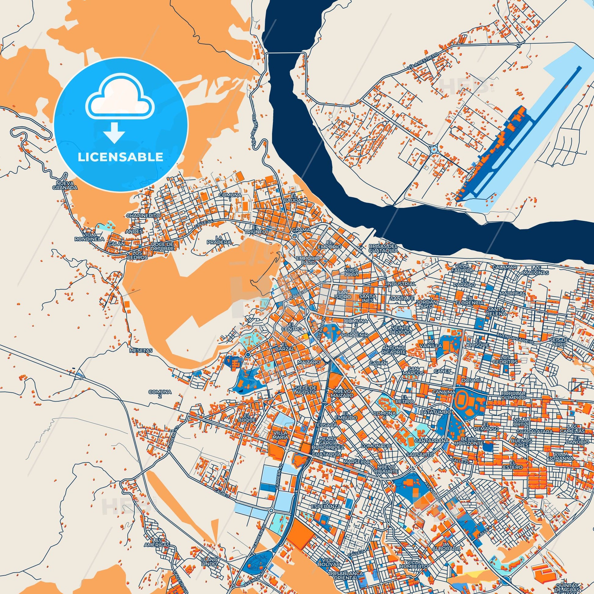 Colorful Villavicencio Street Map with Labels and Buildings
