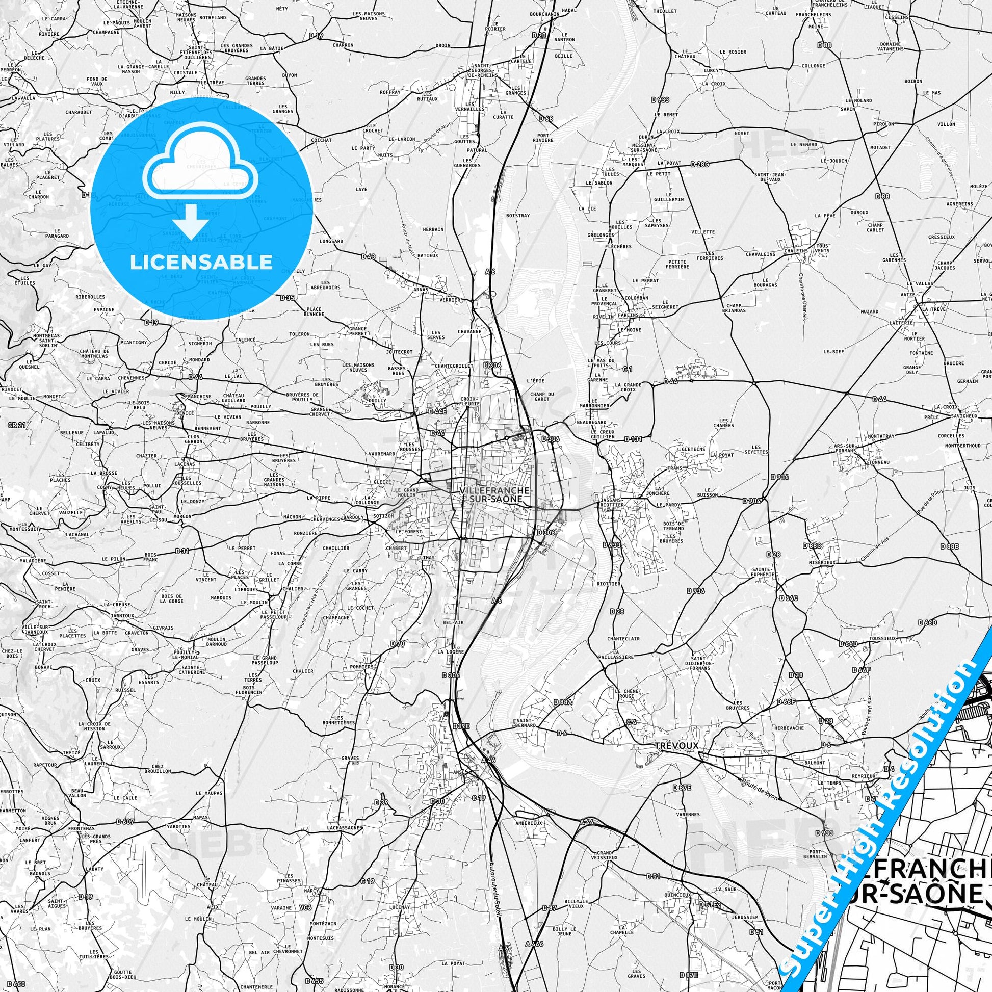 Villefranche-sur-Saône, France light map with streetnames, citynames and districts