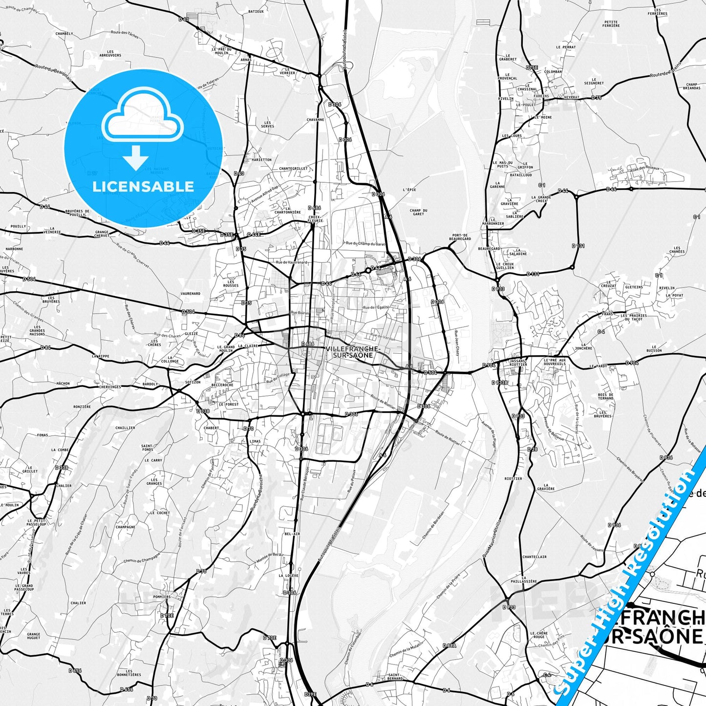 Villefranche-sur-Saône, France Light Map with Street Names, City Names, and Districts