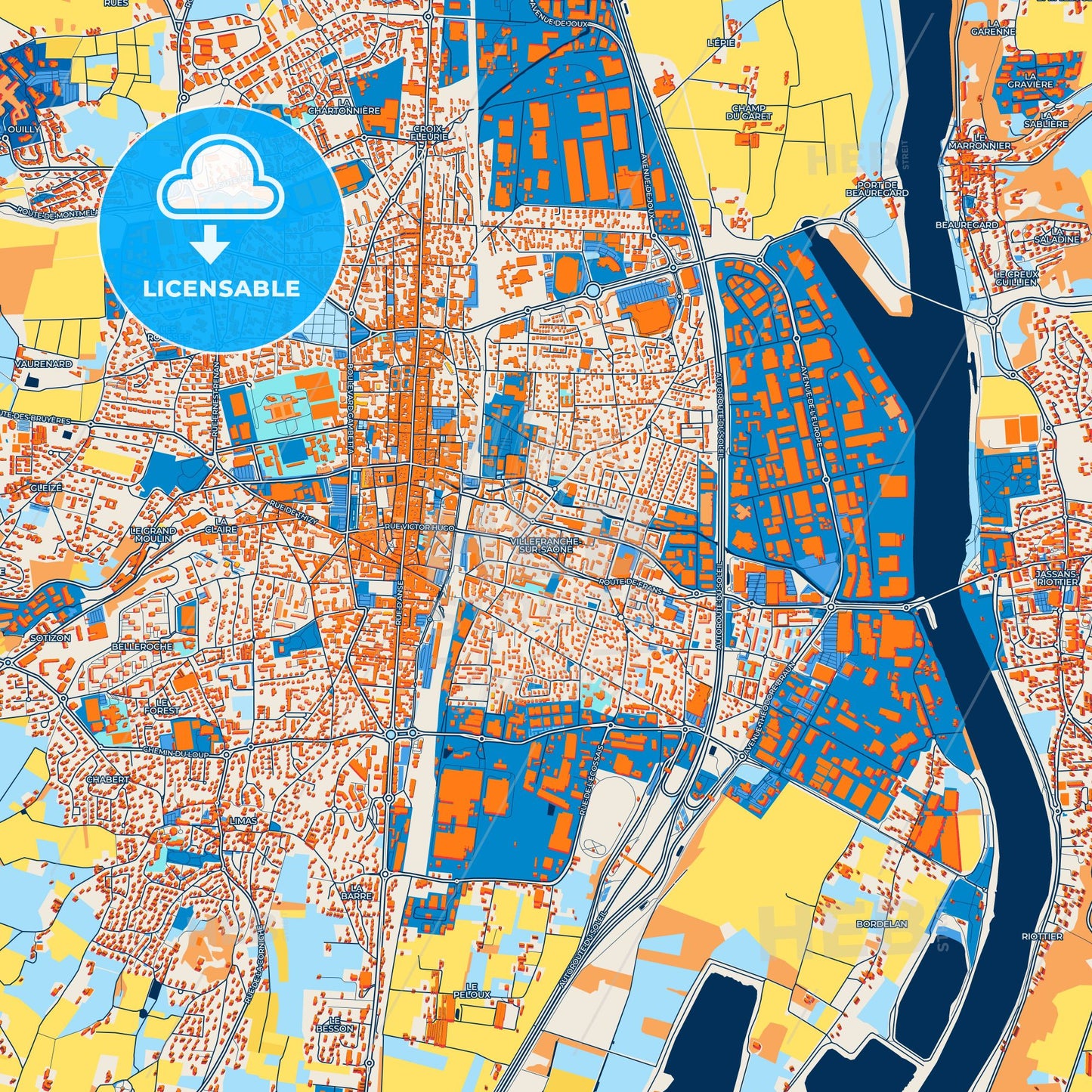 Colorful Villefranche-sur-Saône Street Map with Labels and Buildings