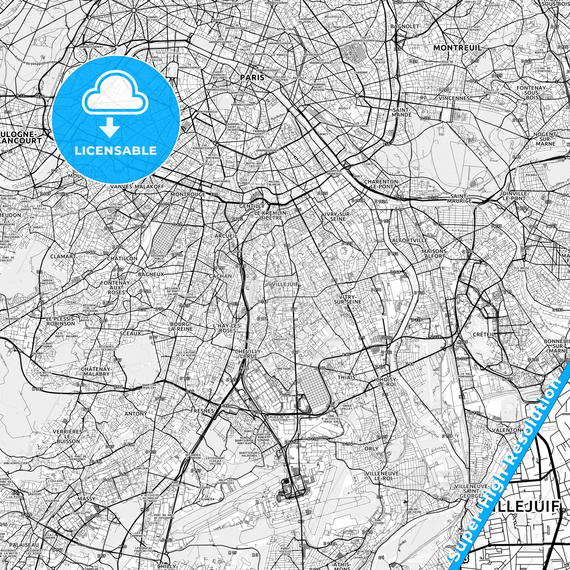 Villejuif, France light map with streetnames, citynames and districts