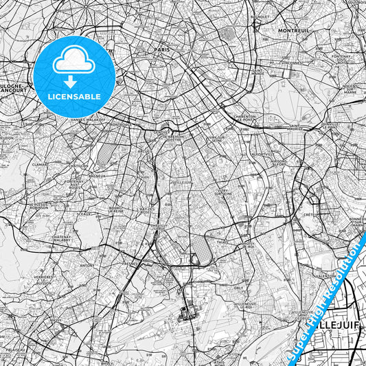 Villejuif, France light map with streetnames, citynames and districts