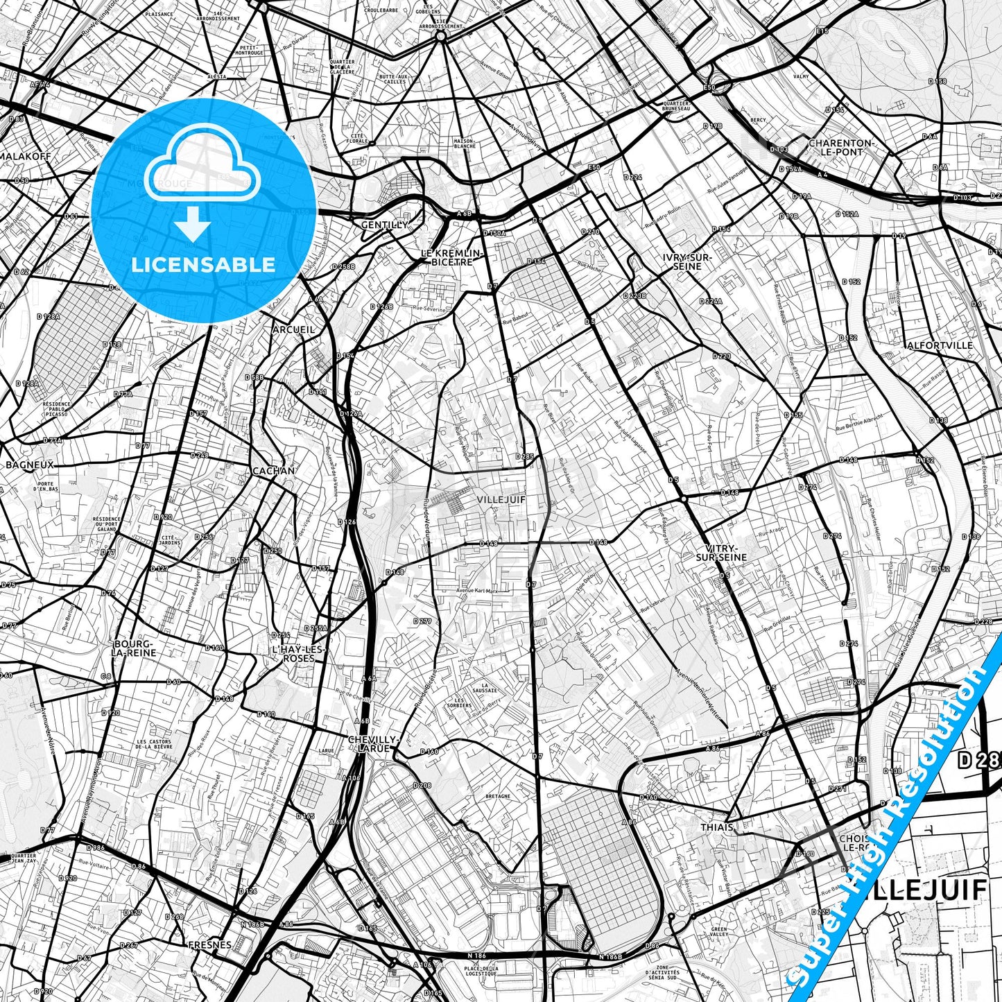 Villejuif, France Light Map with Street Names, City Names, and Districts