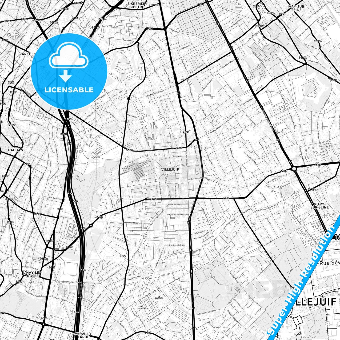 Villejuif, France Light Map with Street Names, City Names, and Districts