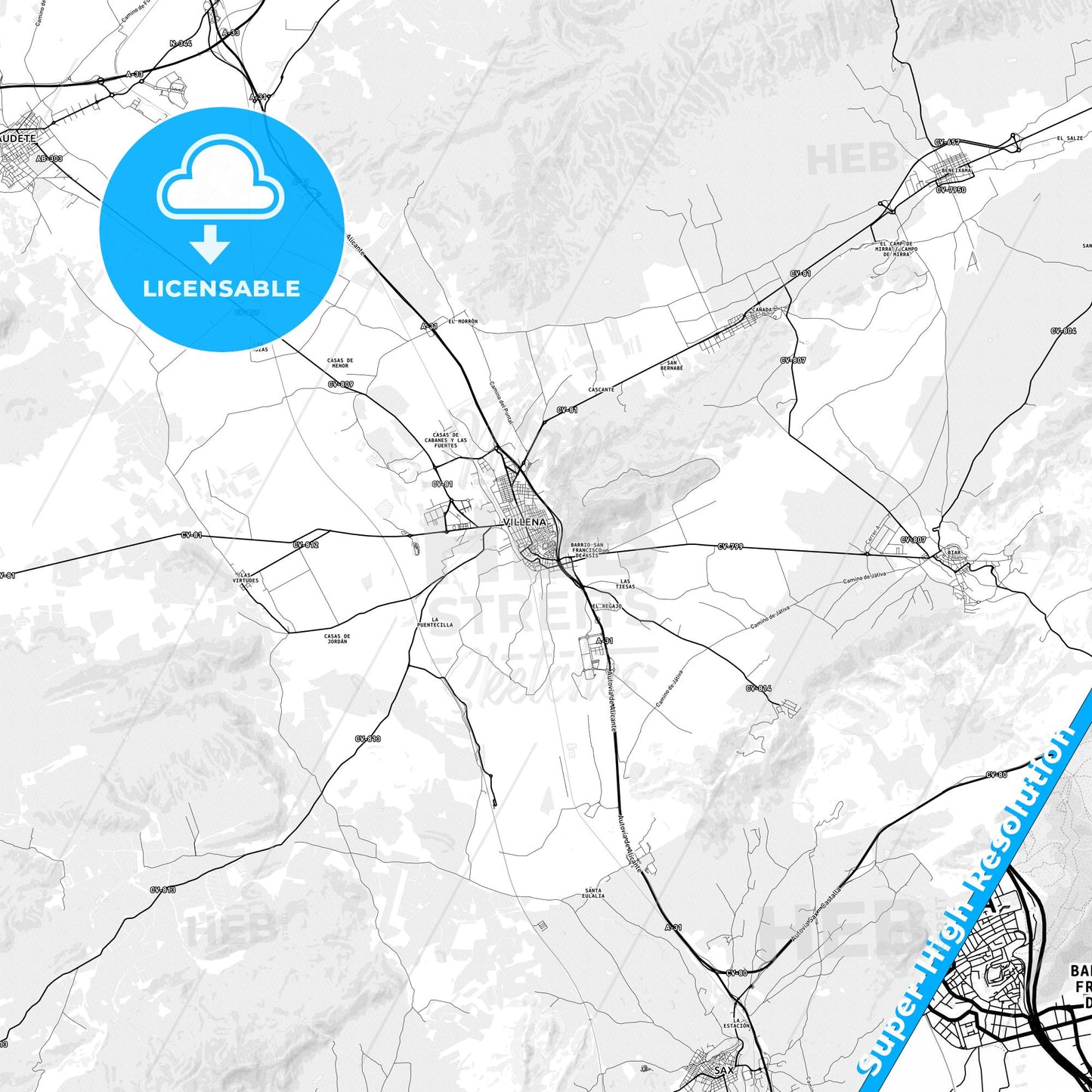 Villena, Spain light map with streetnames, citynames and districts