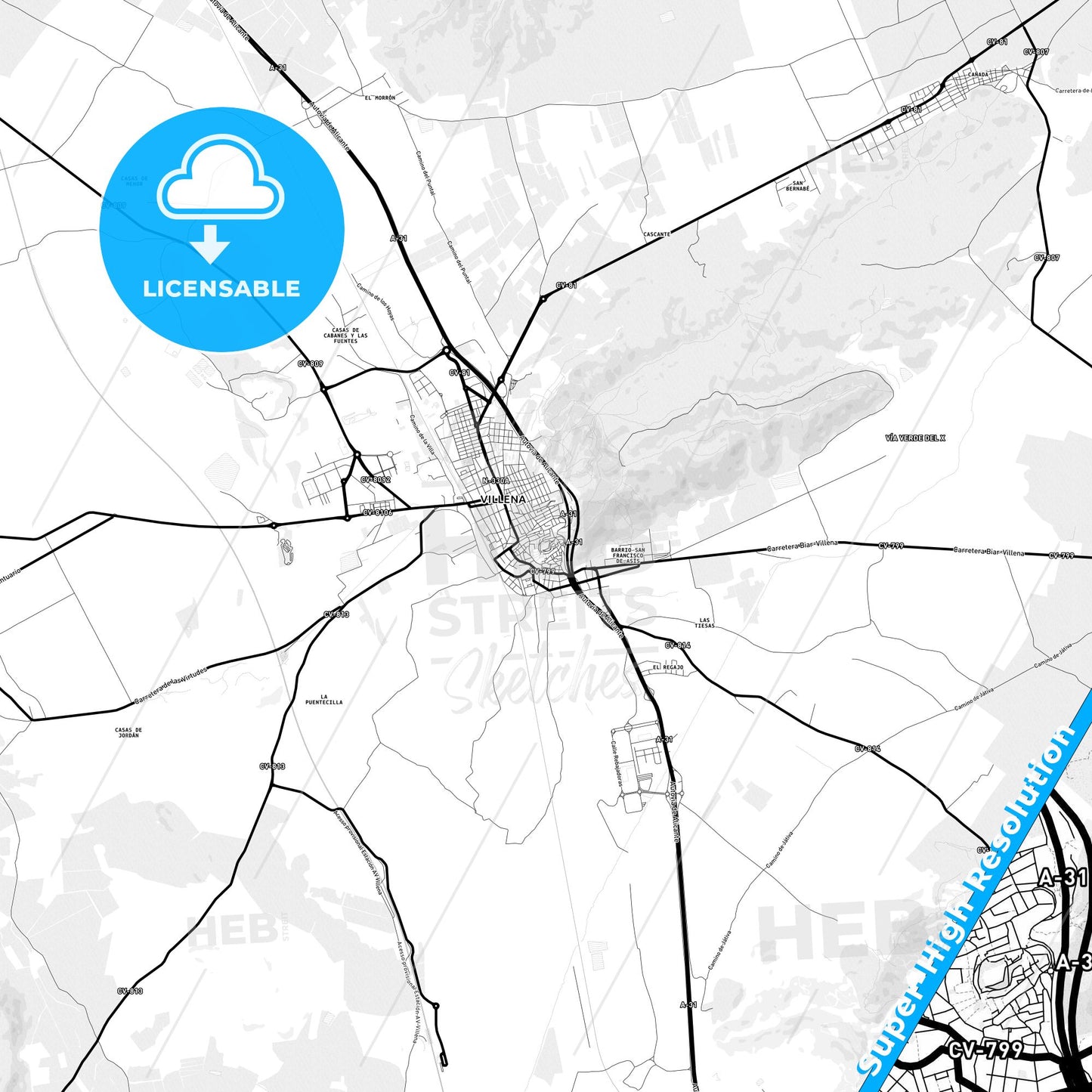 Villena, Spain Light Map with Street Names, City Names, and Districts