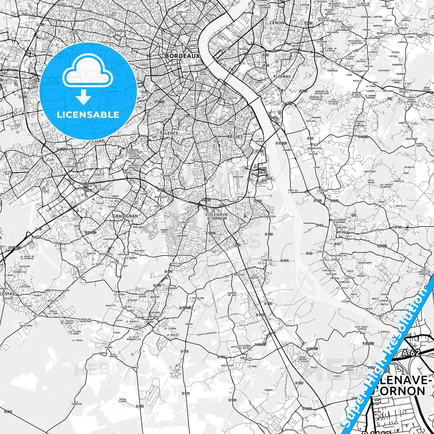Villenave-d Ornon, France light map with streetnames, citynames and districts