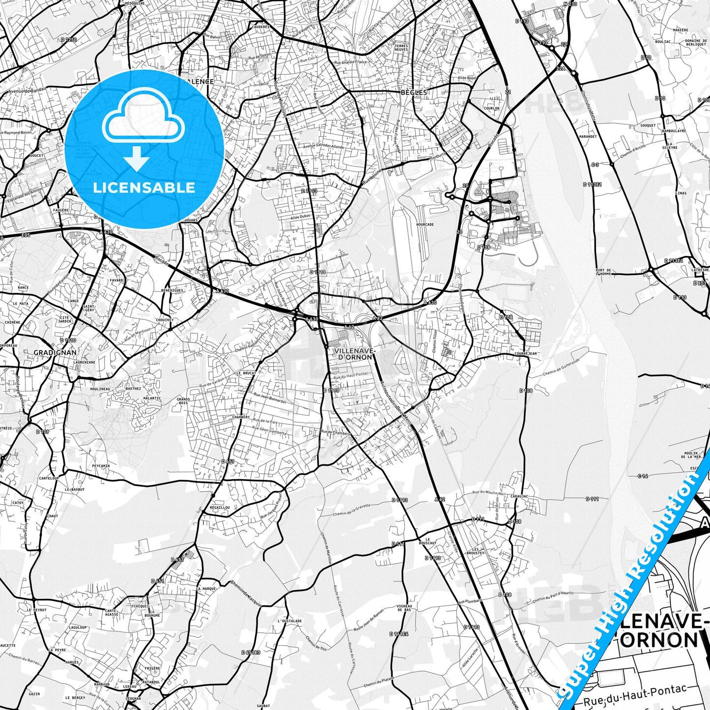 Villenave-d Ornon, France Light Map with Street Names, City Names, and Districts