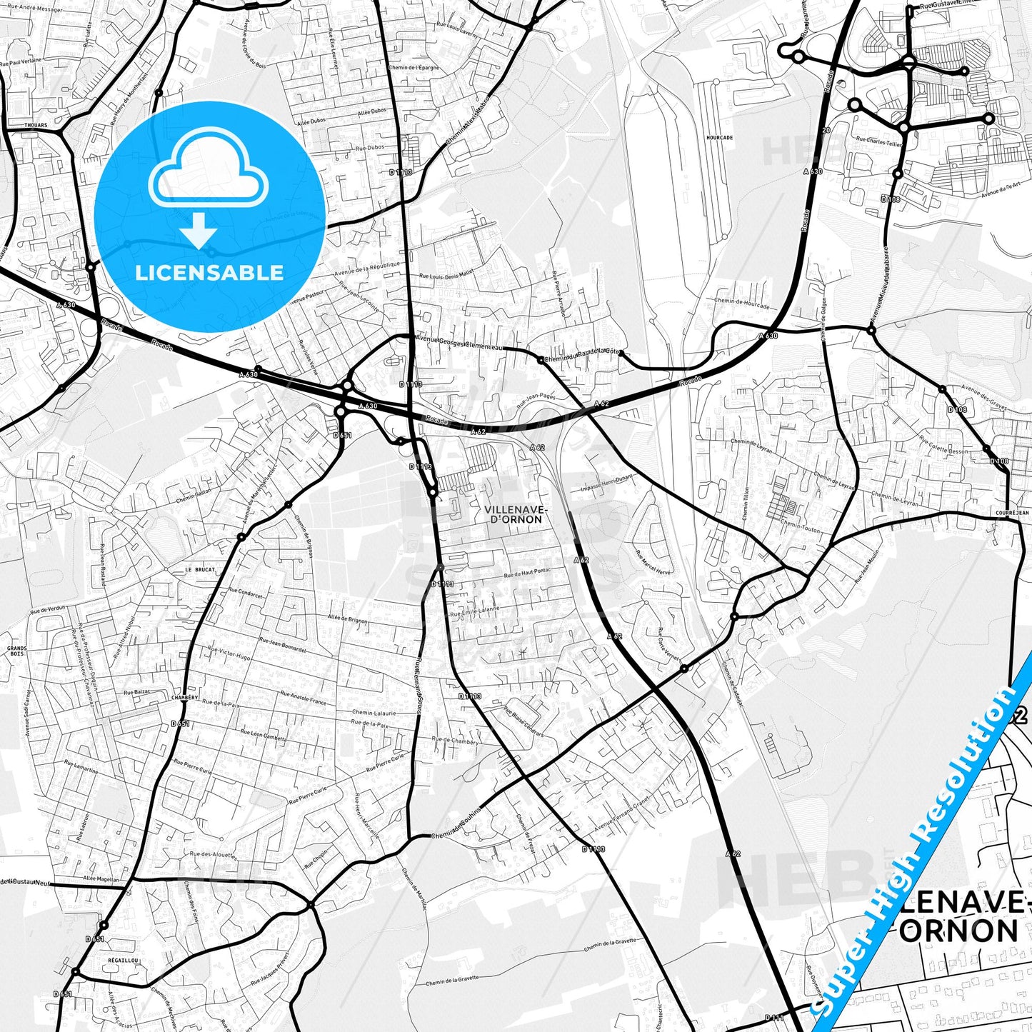 Villenave-d Ornon, France Light Map with Street Names, City Names, and Districts