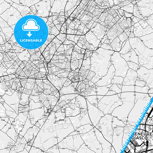 Villeneuve-d Ascq, France light map with streetnames, citynames and districts